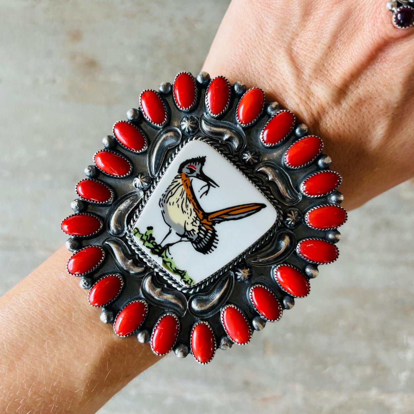 Navajo Kindale Billah Sterling Silver - Ceramic & Mediterranean Red Coral Roadrunner Cuff