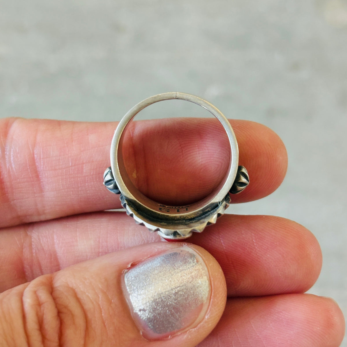 Navajo Herman Smith Sterling Silver & Red Coral Tufa Cast Ring