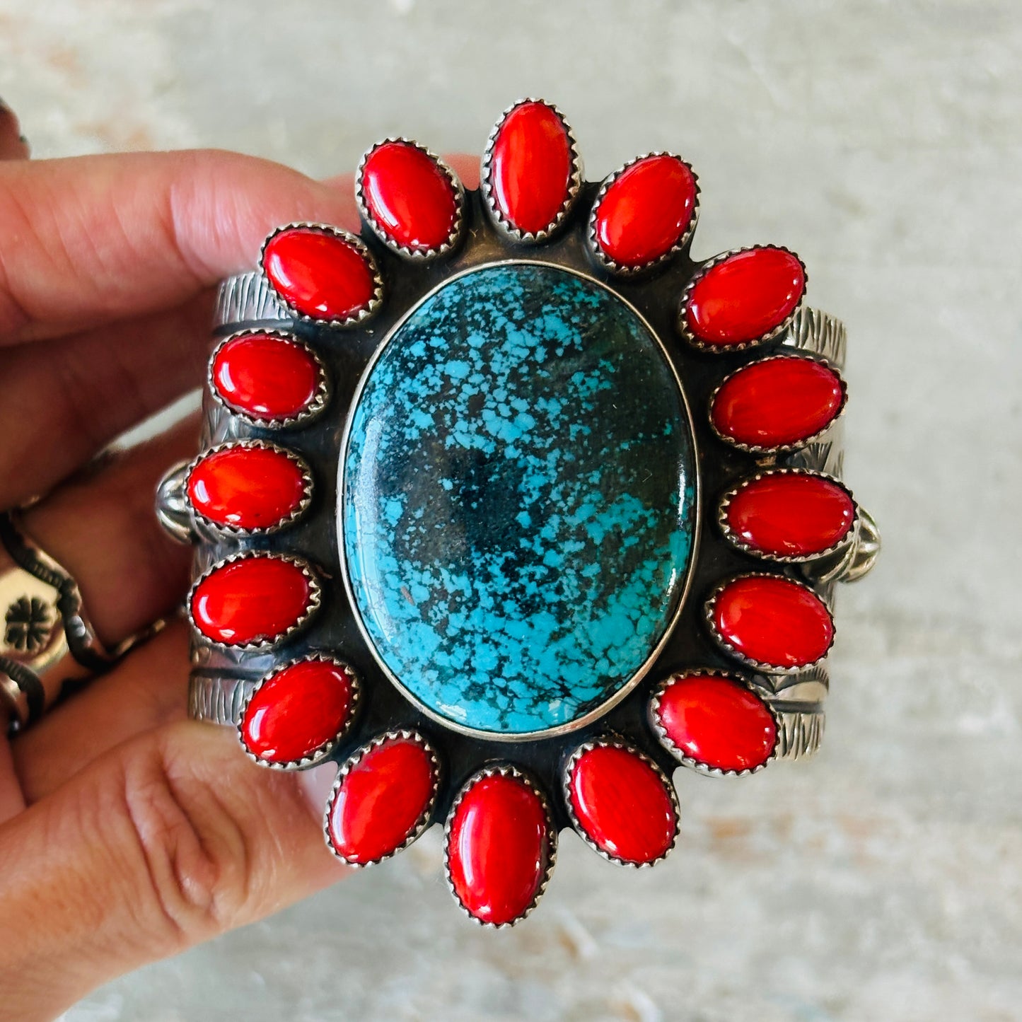 Navajo Edmund Piasso Sterling Silver - Red Coral & Kingman Turquoise Cluster Statement Cuff