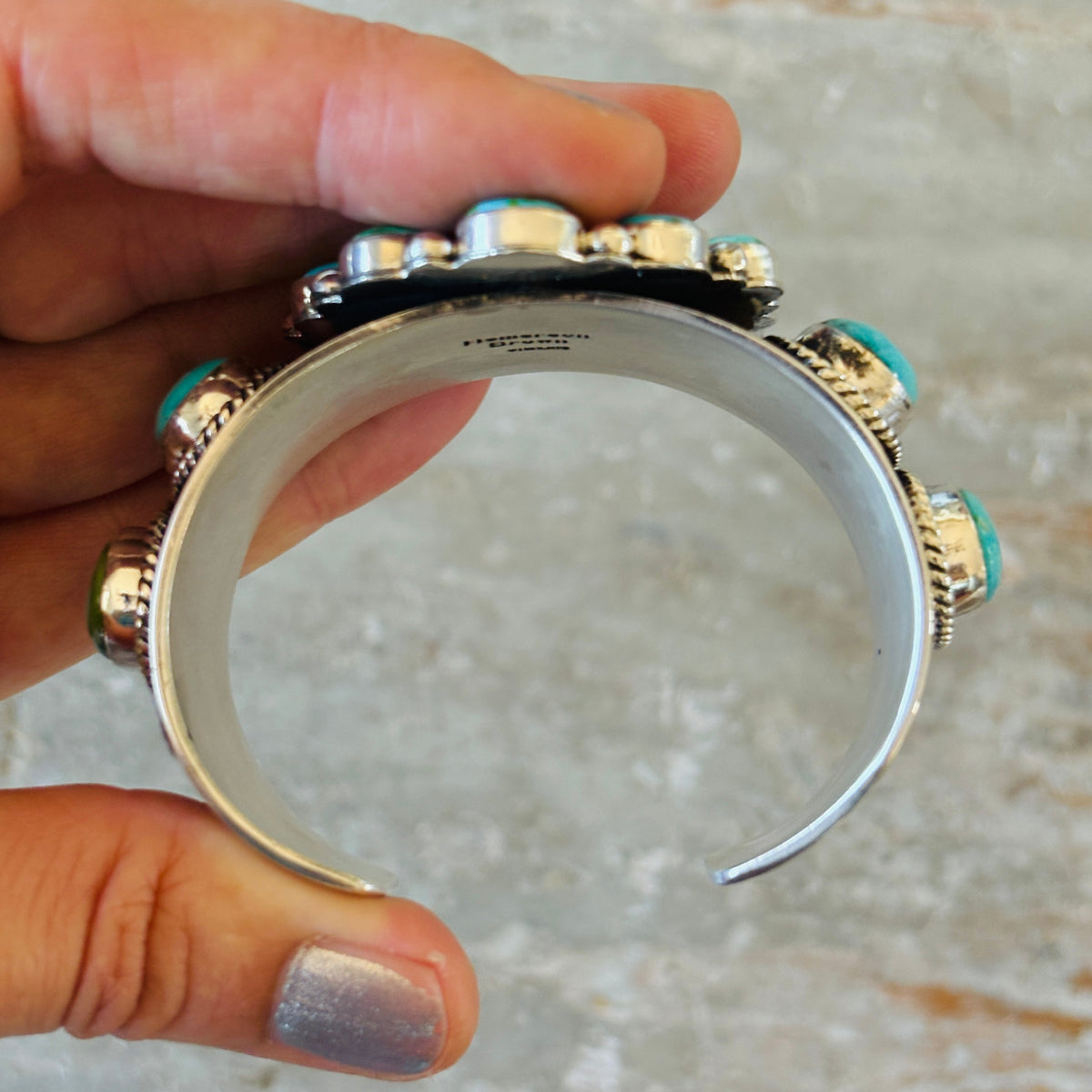 Navajo Hemerson Brown Sterling Silver & Sonoran Turquoise Cluster Statement Cuff