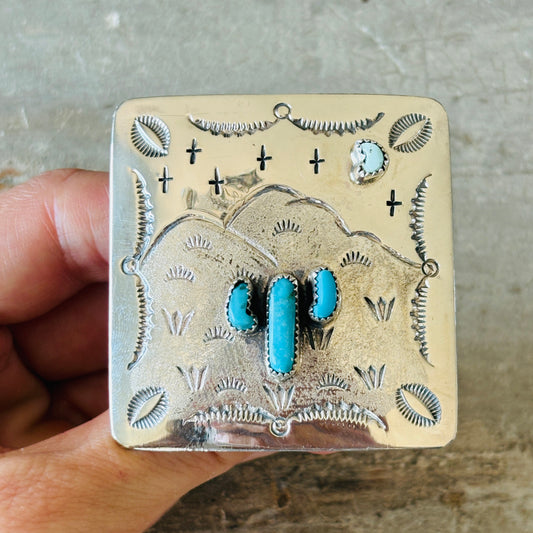 Navajo Hemerson Brown Sterling Silver & Kingman Turquoise Cactus Ring