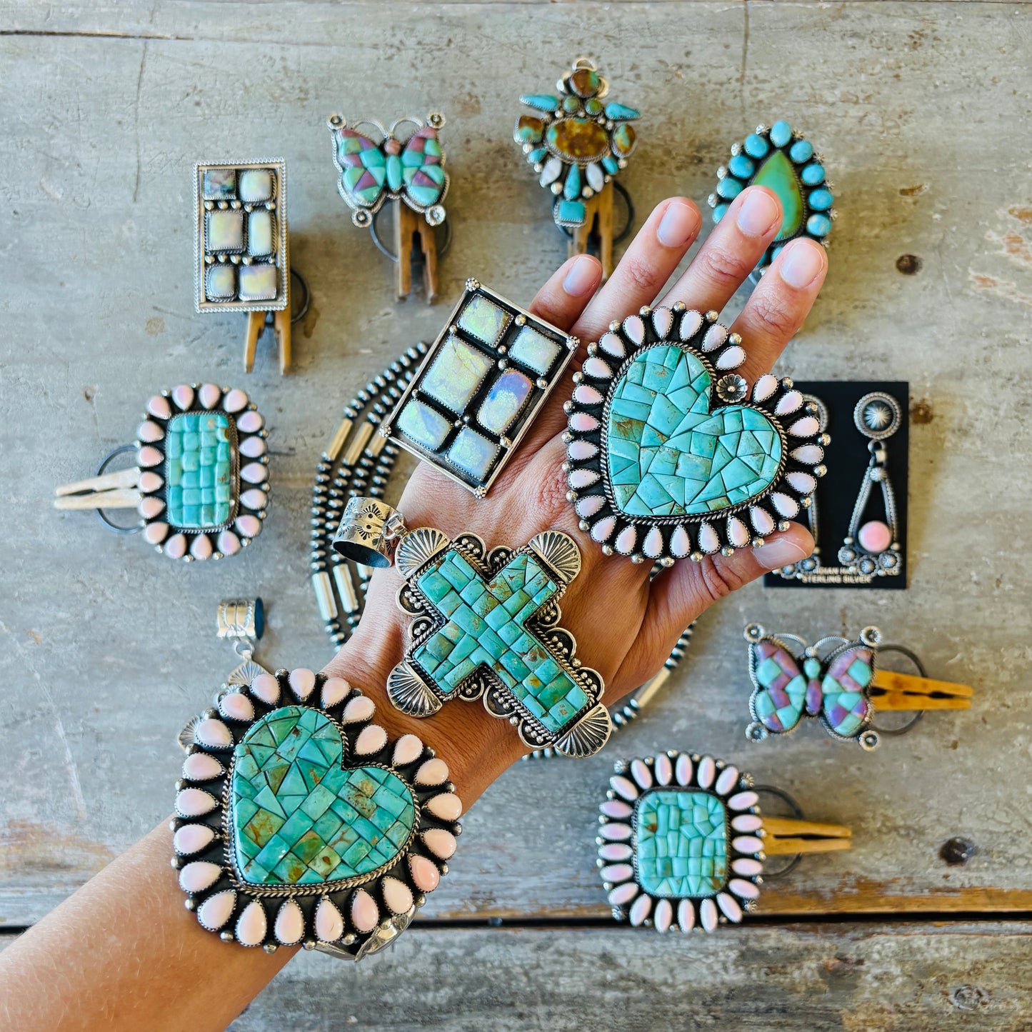 Navajo Hemerson Brown Sterling Silver - Phosphosiderite & Kingman Turquoise Cobblestone Cross