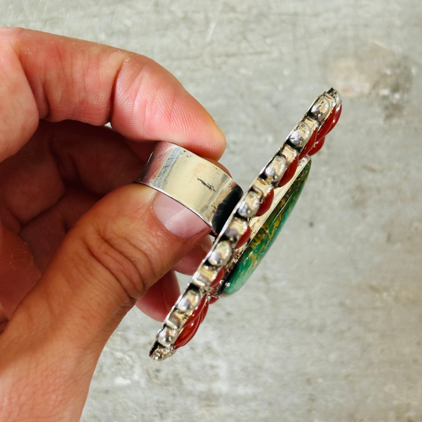 Navajo Hemerson Brown Sterling Silver - Red Coral & Sonoran Turquoise Cluster Ring