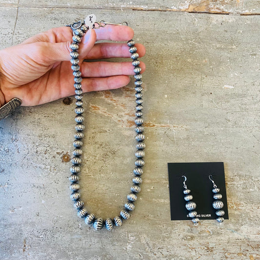 Navajo Preston Haley Sterling Silver Handmade Graduated Fluted Pearls & Earrings Set
