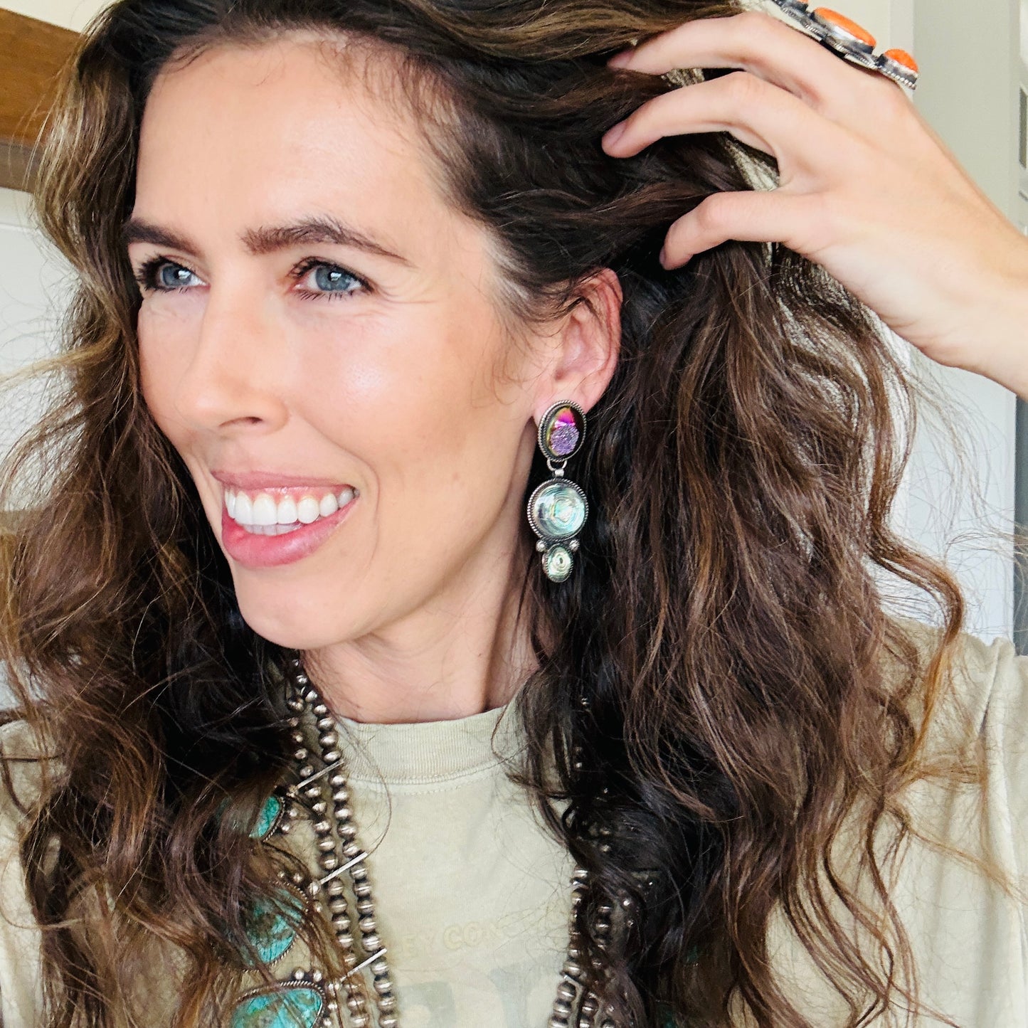 Navajo Hemerson Brown Sterling Silver - Abalone & Druzy Statement Earrings