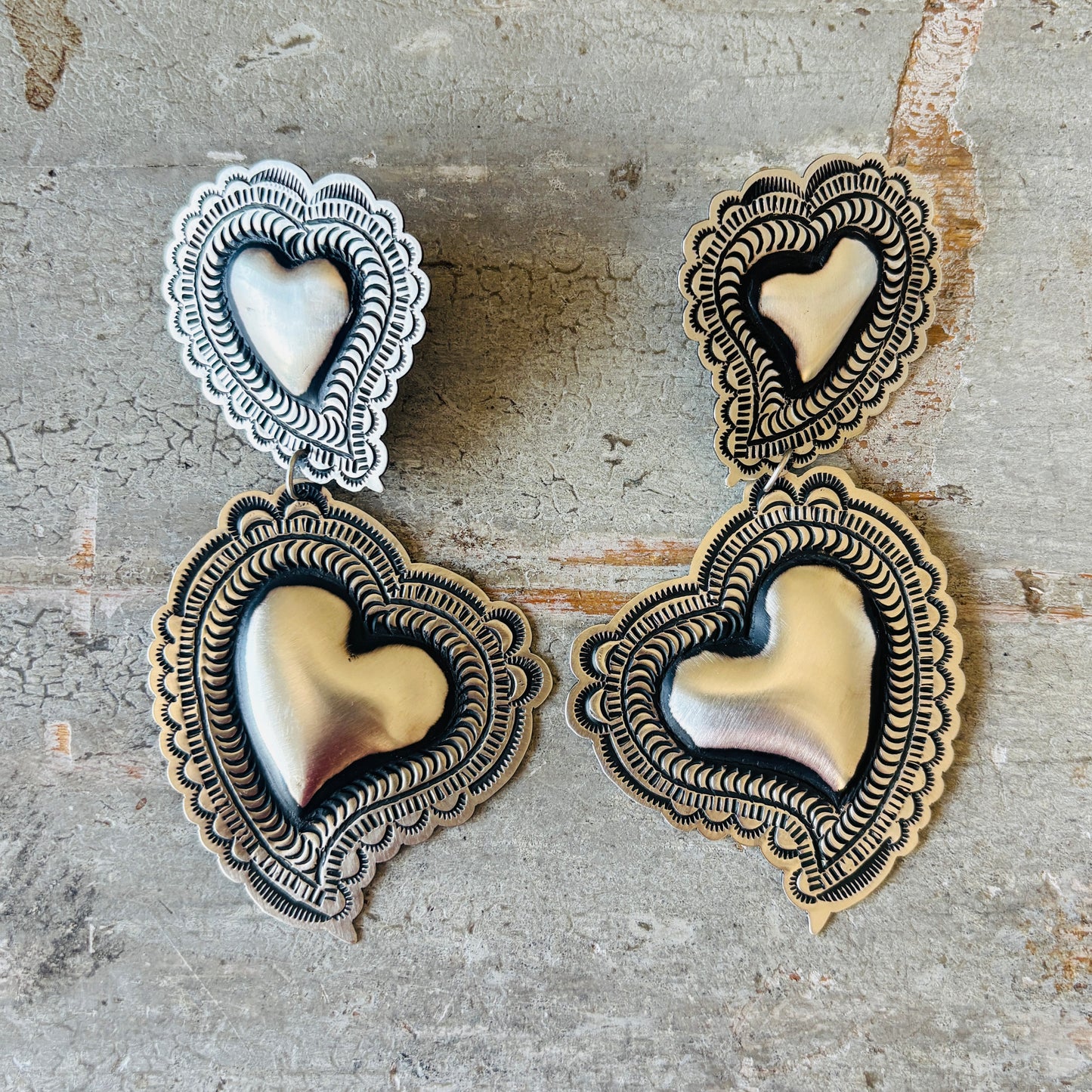 Navajo Leander Tahe Sterling Silver Double Heart Earrings