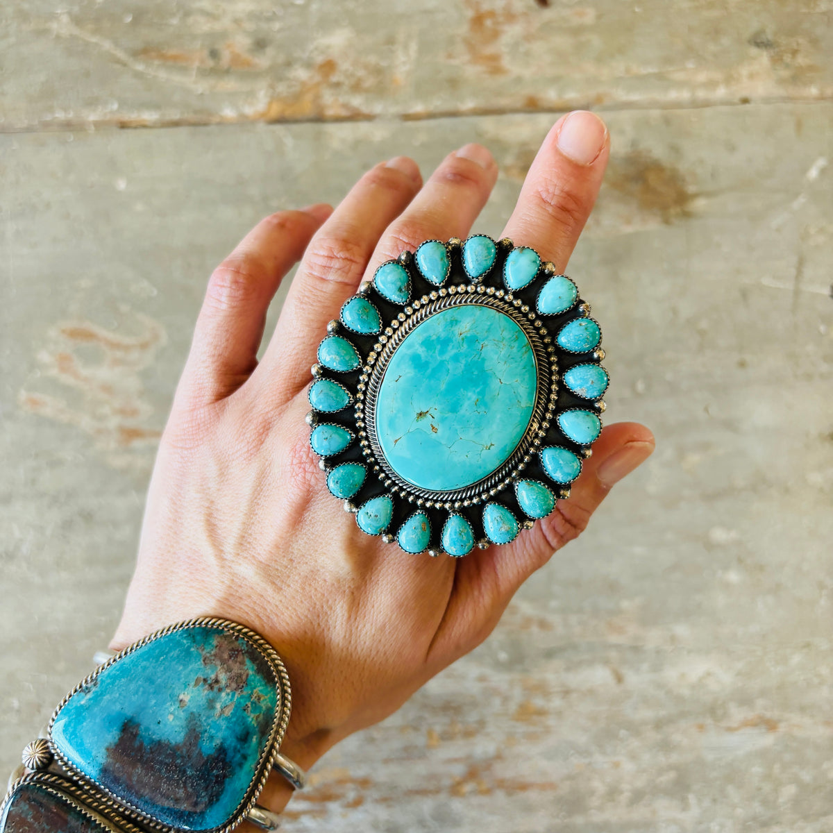 Navajo Hemerson Brown Sterling Silver & Sonoran Turquoise Cluster Statement Ring