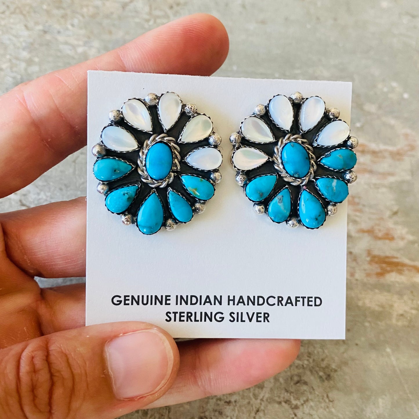 Navajo Lorenzo Jerilyn Chee Sterling Silver Turquoise & Shell Cluster Earrings