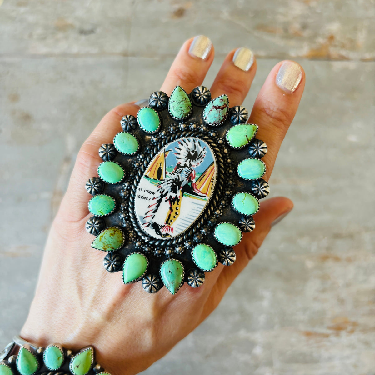 Navajo Kindale Billah Sterling Silver - Ceramic & Mojave Campitos Turquoise Chief Cluster Ring
