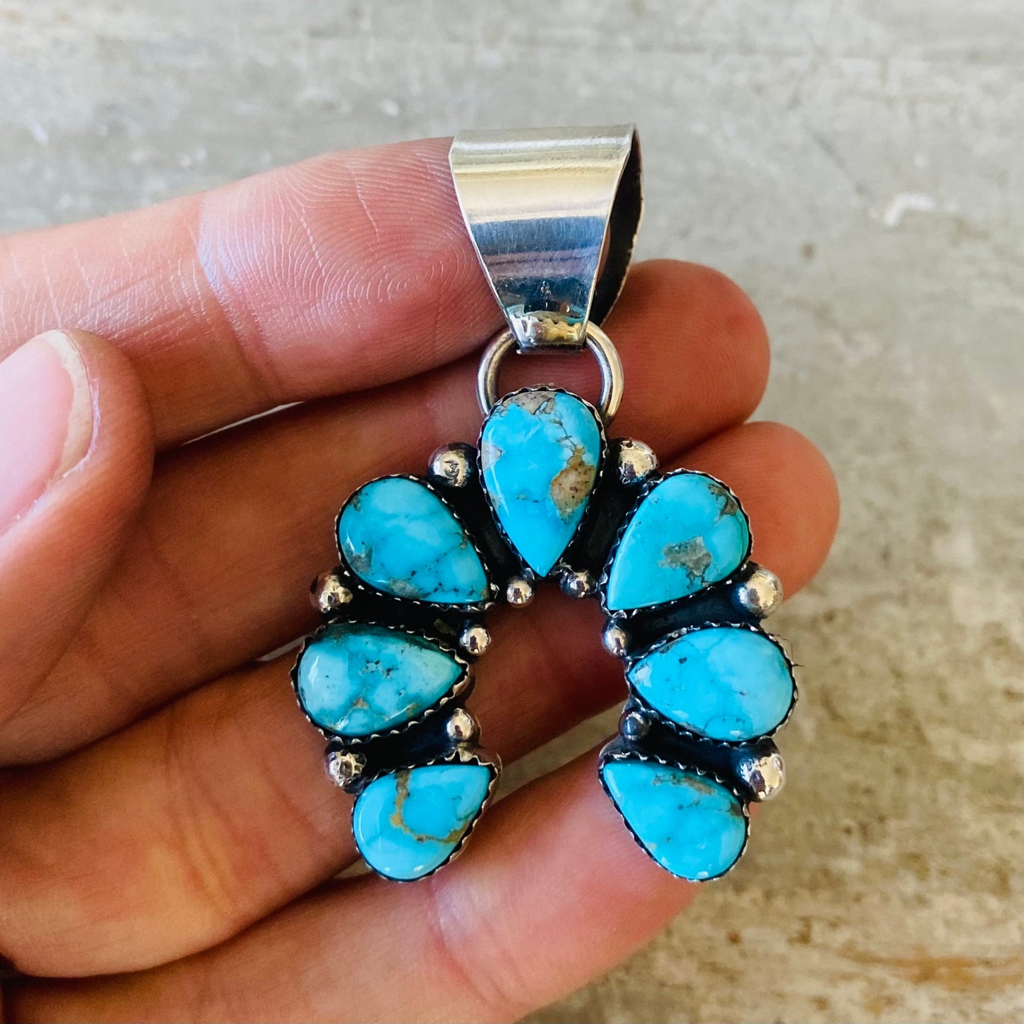 Navajo Lorenzo Jerilyn Chee Sterling Silver & Blue Ridge Turquoise Naja Pendant