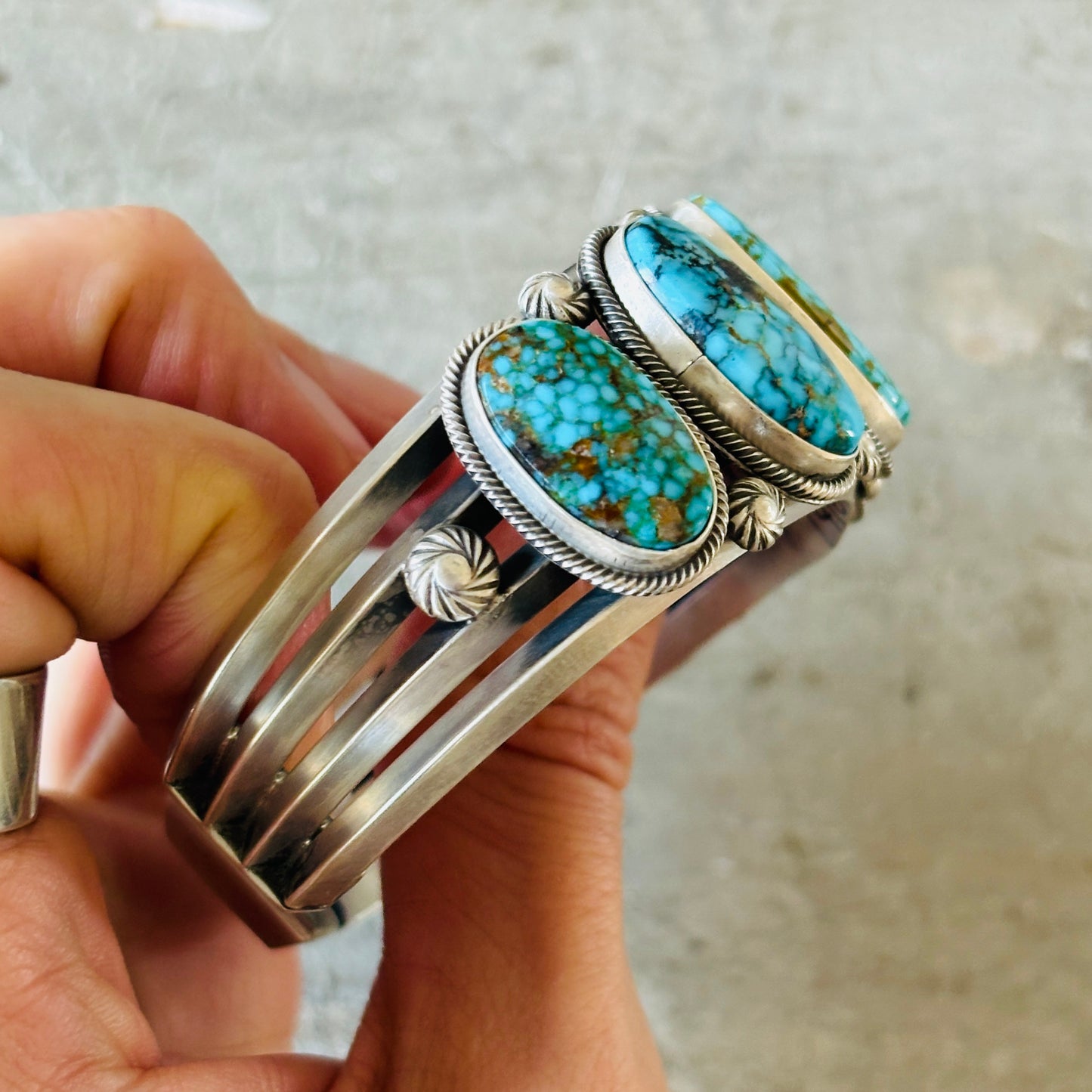 Navajo Freddie Maloney Sterling Silver & Spiderweb Kingman Turquoise 7 Stone Statement Cuff