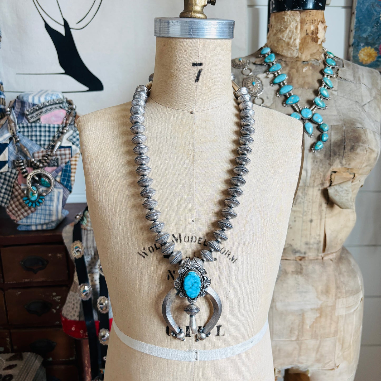 Navajo James McCabe Sterling Silver - Liberty Dime & Kingman Turquoise Squash Blossom Necklace
