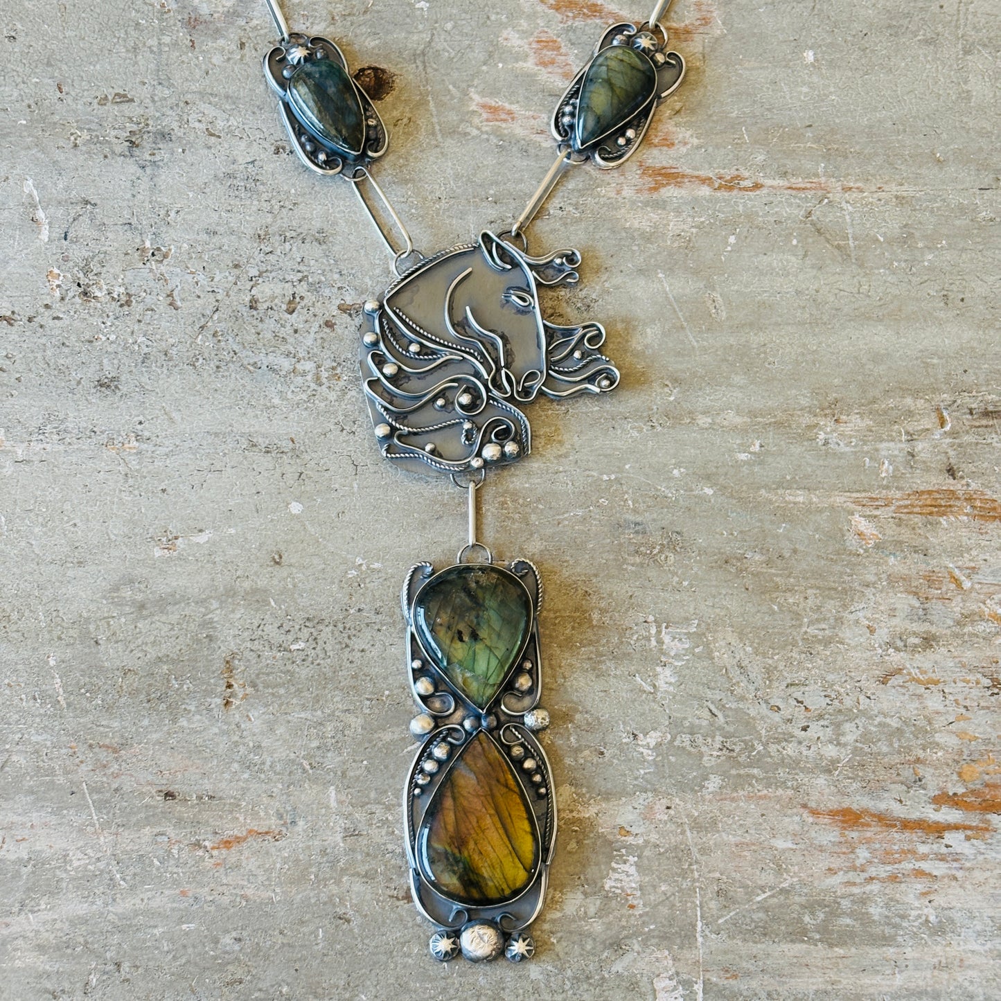 Navajo Miranda Willie Sterling Silver & Labradorite Horse Statement Necklace