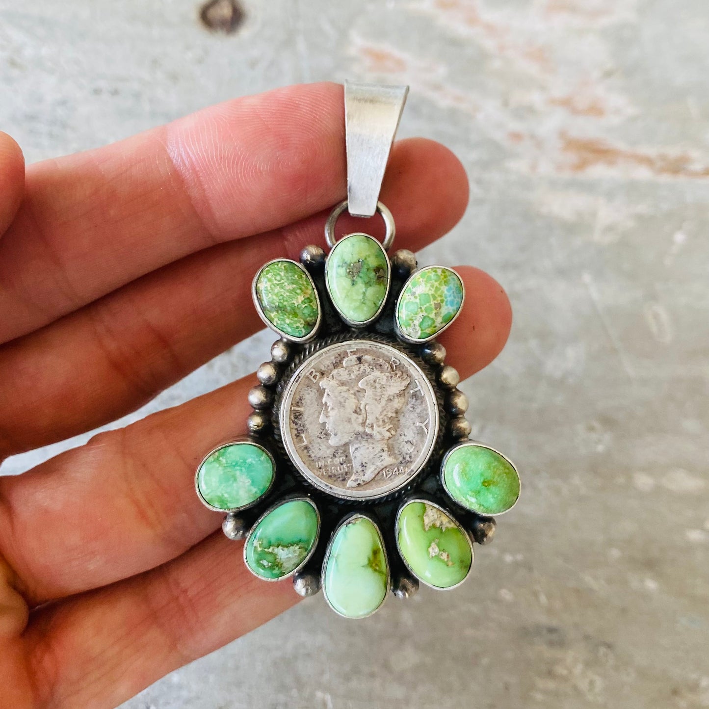 Navajo Dave Skeets Sterling Silver & Sonoran Gold Turquoise Liberty Coin Cluster Pendant