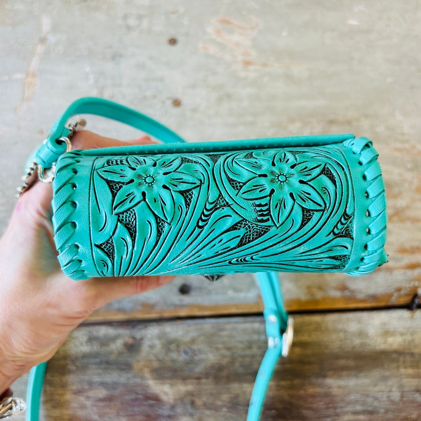 Navajo Hemerson Brown Sterling Silver & Kingman Turquoise Embellished Leather Blue Crossbody Bag