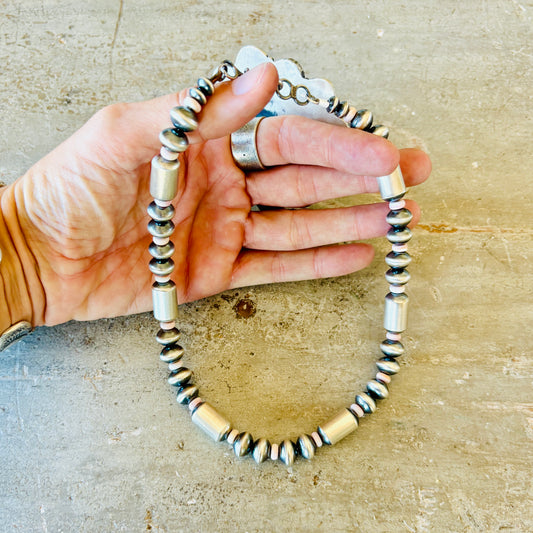 Navajo Tonisha Haley Sterling Silver 10mm Handmade Pink Conch - Saucer - Tube Beads Pearl Necklace