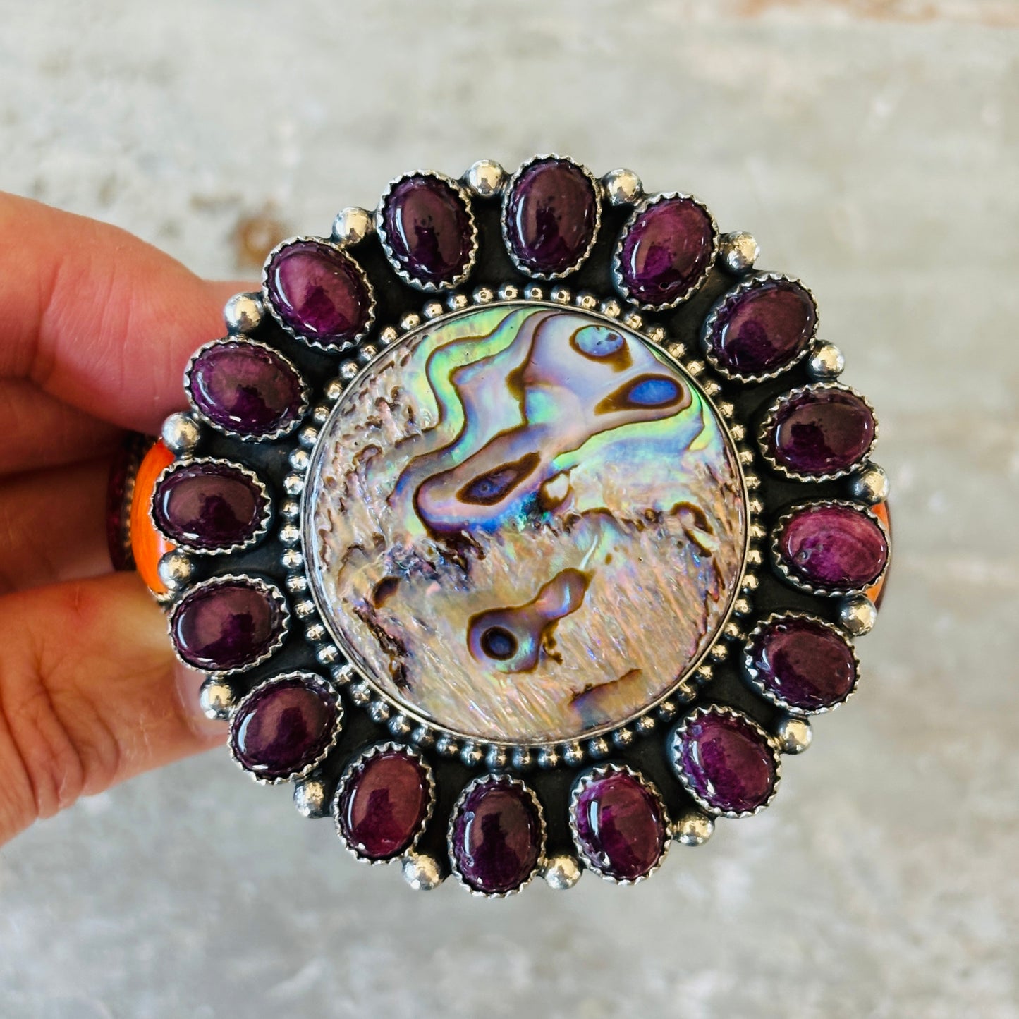 Navajo Hemerson Brown Sterling Silver - Abalone - Purple & Orange Spiny Cluster Cuff