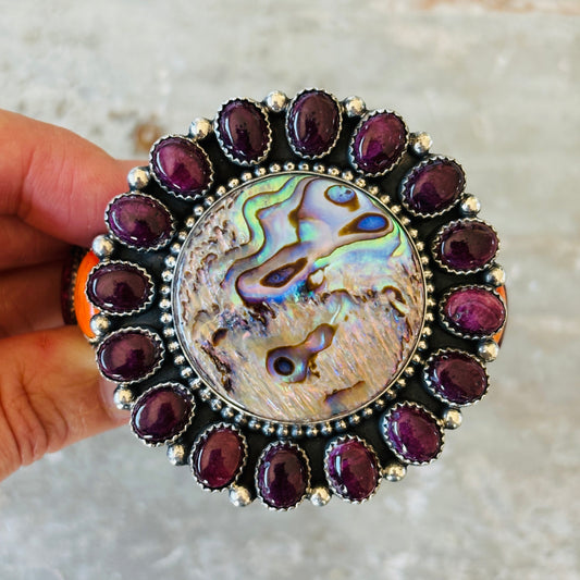 Navajo Hemerson Brown Sterling Silver - Abalone - Purple & Orange Spiny Cluster Cuff