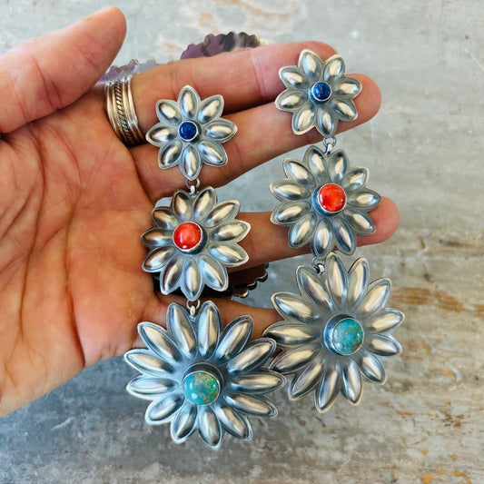 Navajo Robert Johnson Sterling Silver - Lapis - Red Spiny & Kingman Turquoise Floral Concho Earrings
