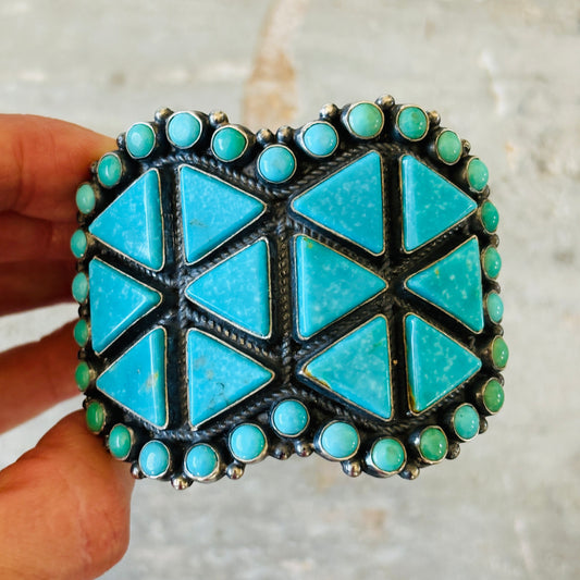 Navajo Anthony Skeets Sterling Silver & Kingman Turquoise Cluster Statement Cuff