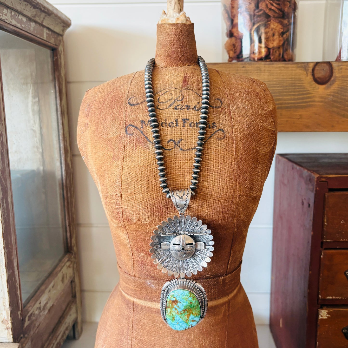 Navajo Fred Charley Sterling Silver & Sonoran Sun Face Statement Pendant