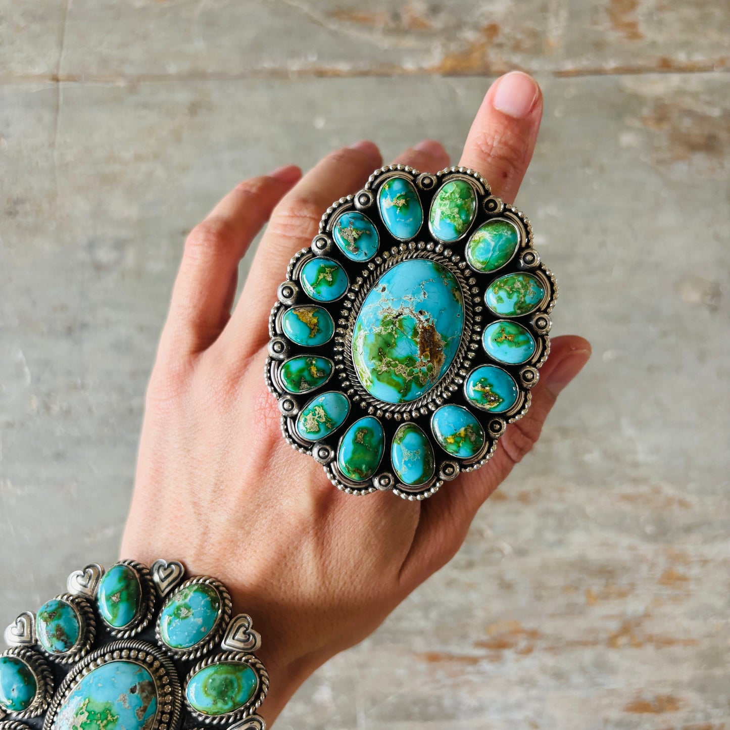 Navajo Hemerson Brown Sterling Silver & Sonoran Turquoise Cluster Statement Ring