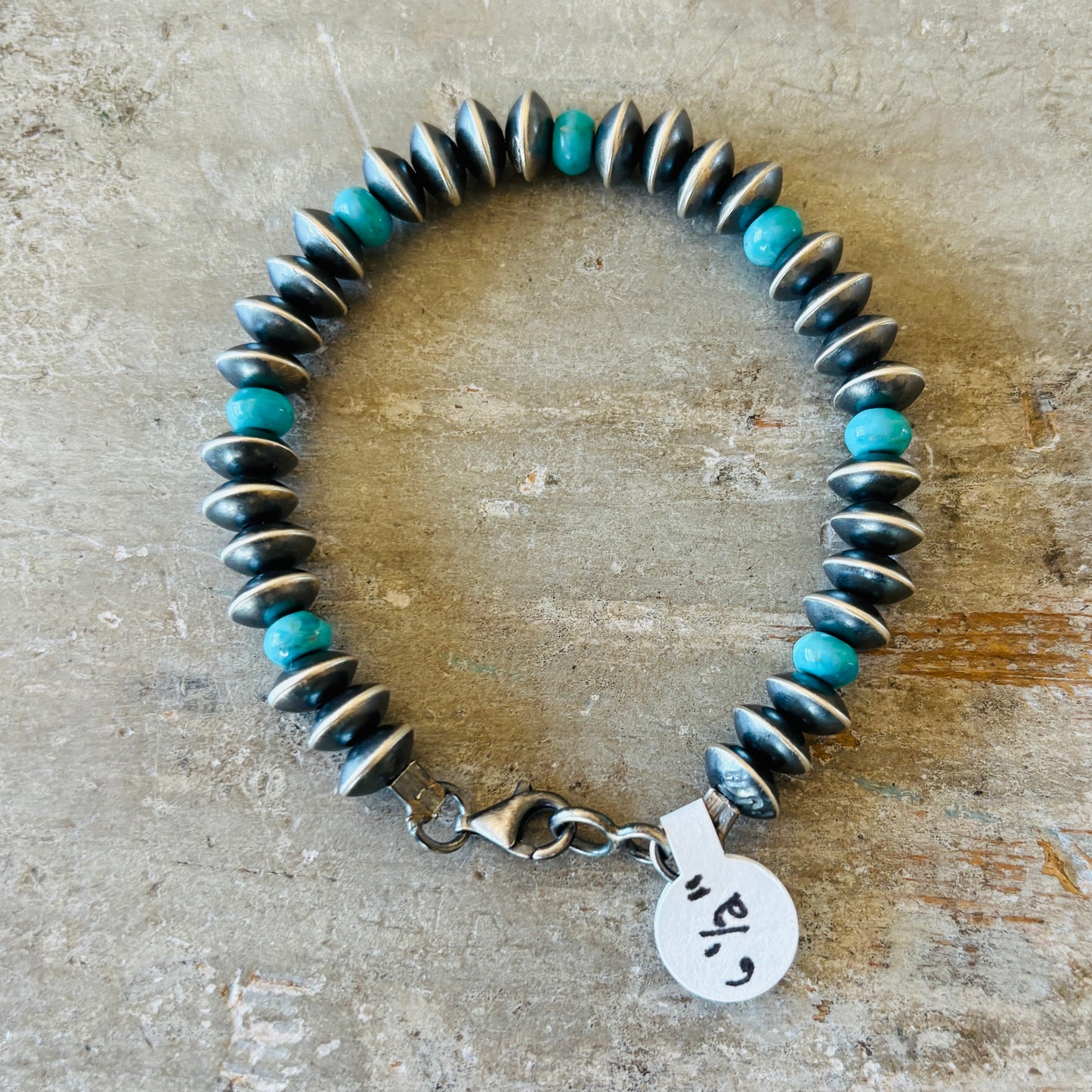 Navajo Preston Haley Sterling Silver 6mm Saucer Pearl & Turquoise Bracelet