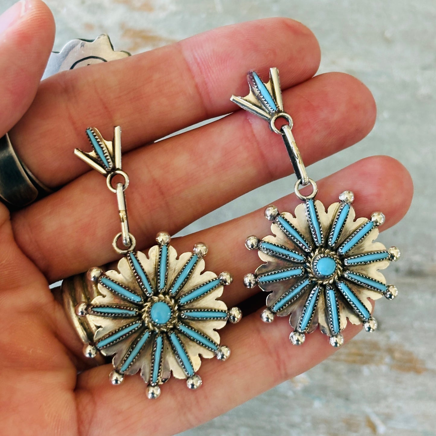 Zuni Samantha Waatsa Sterling Silver & Sleeping Beauty Turquoise Needle Point Earrings