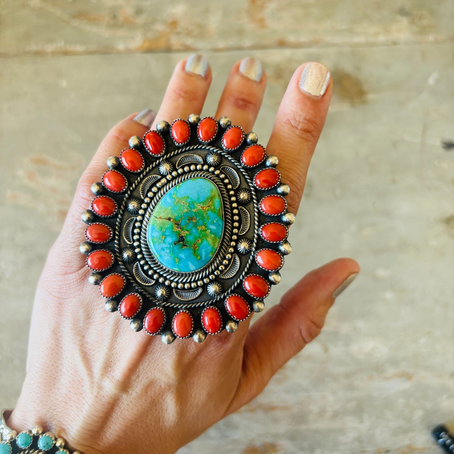 Navajo Hemerson Brown Sterling Silver - Red Coral & Sonoran Turquoise Statement Ring