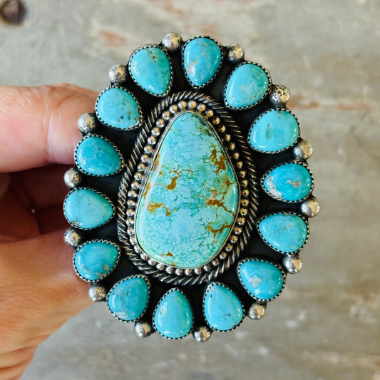 Navajo Hemerson Brown Sterling Silver & Kingman Turquoise Cluster Ring