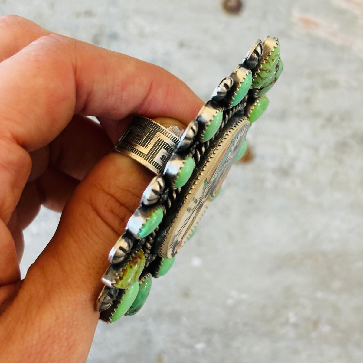 Navajo Kindale Billah Sterling Silver - Ceramic & Mojave Campitos Turquoise Chief Cluster Ring