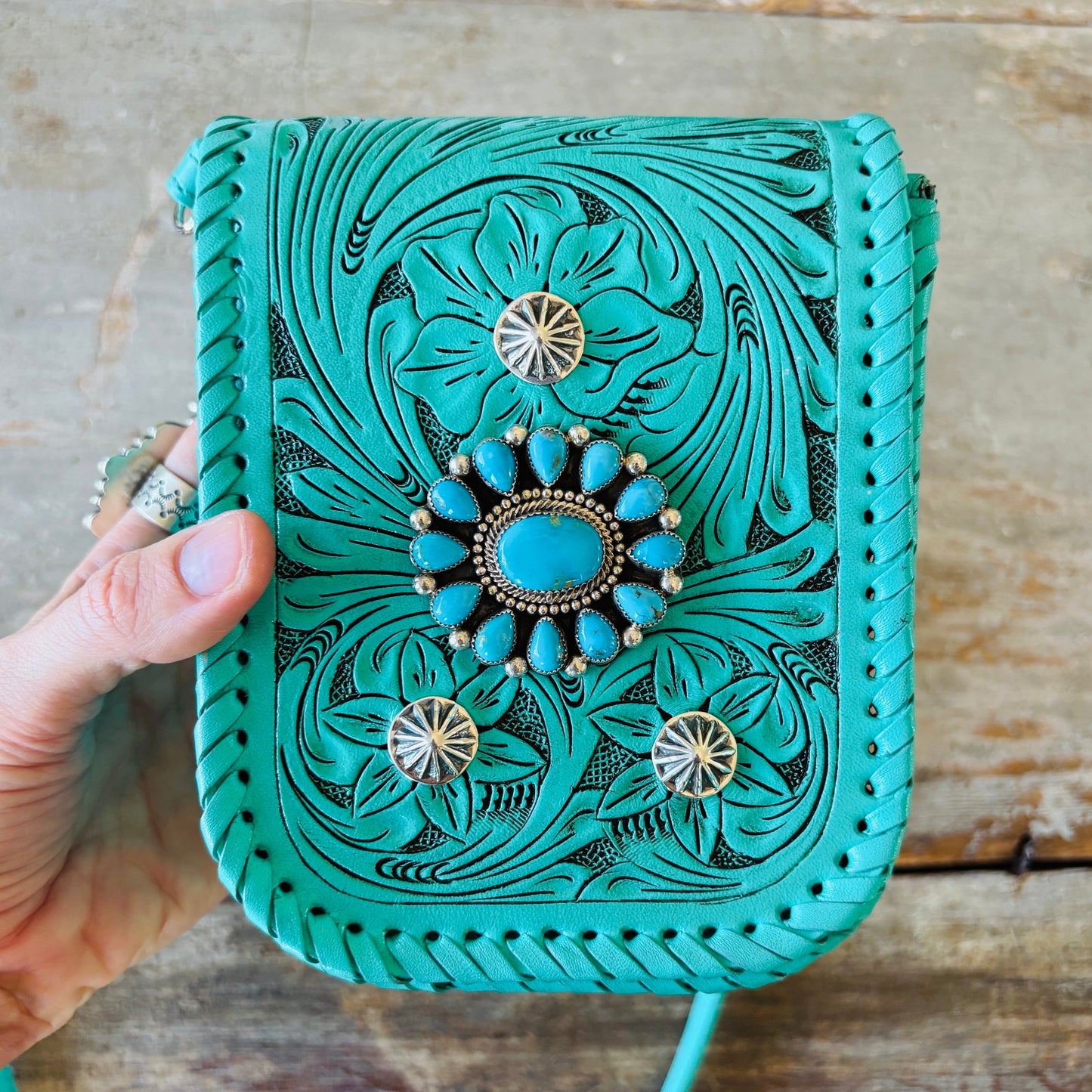 Navajo Hemerson Brown Sterling Silver & Kingman Turquoise Embellished Leather Blue Crossbody Bag