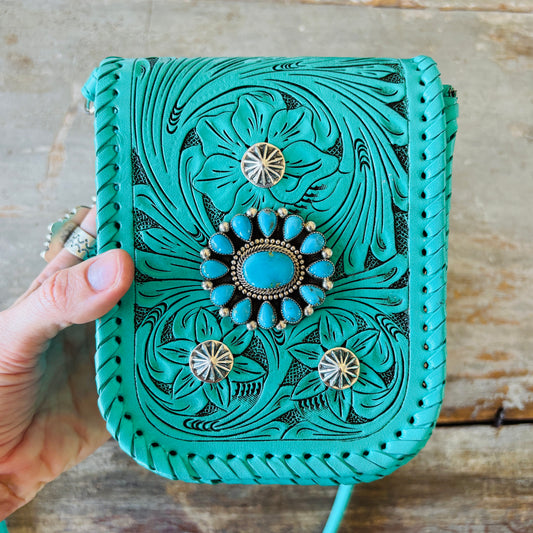 Navajo Hemerson Brown Sterling Silver & Kingman Turquoise Embellished Leather Blue Crossbody Bag