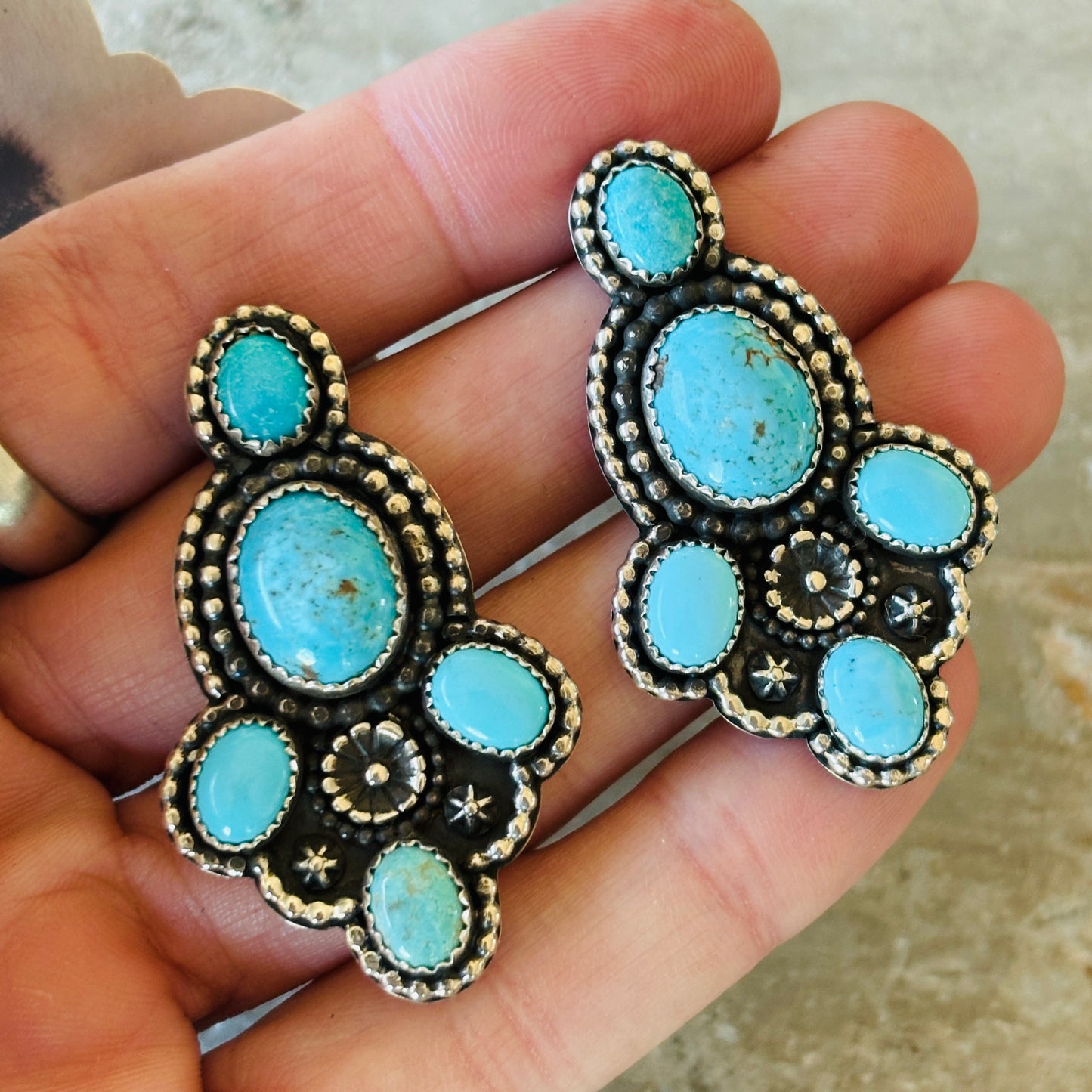 Navajo Braxton Parkett Sterling Silver & Kingman Turquoise Cluster Earrings