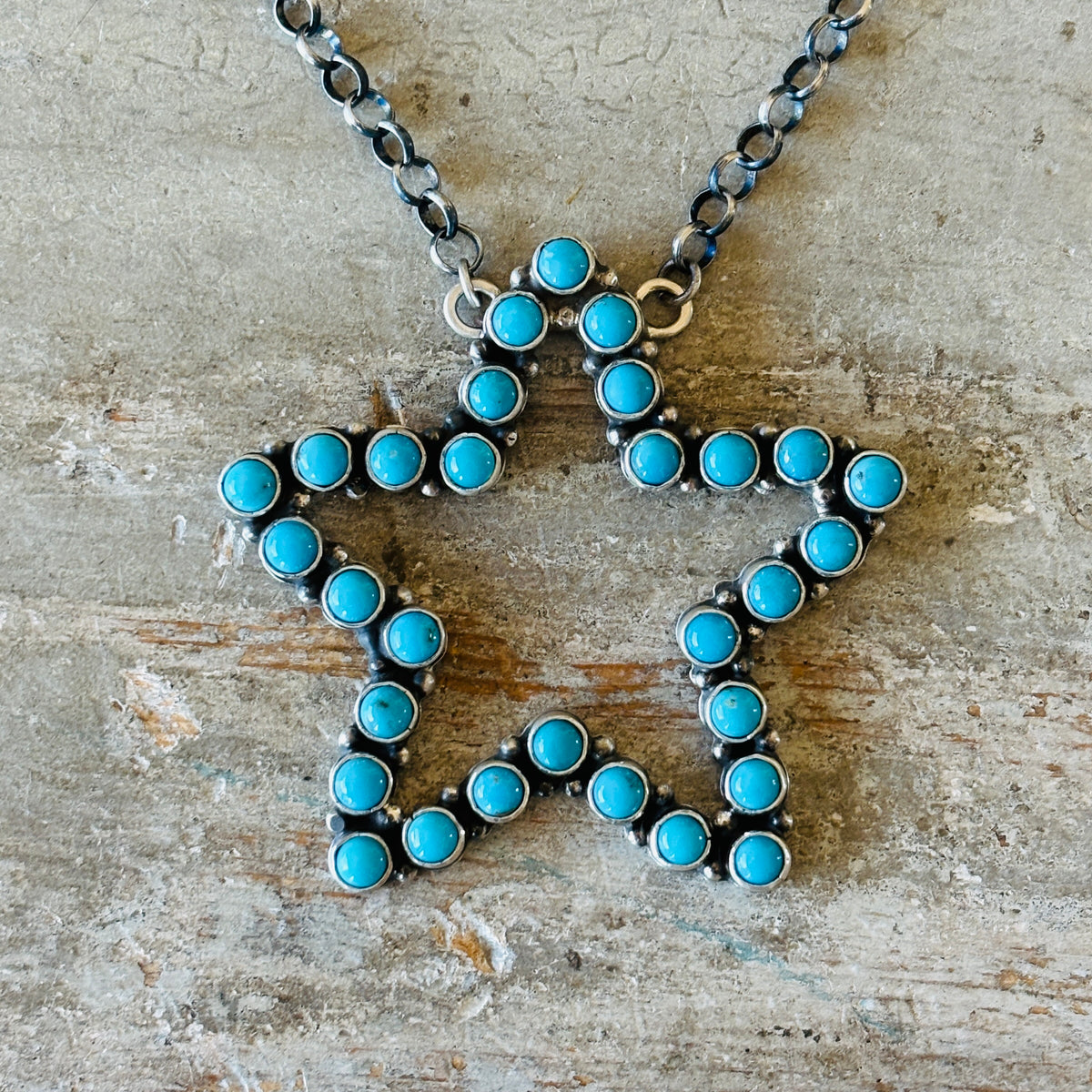 Navajo Charles Johnson Sterling Silver & Kingman Turquoise Star Cluster Bar Necklace