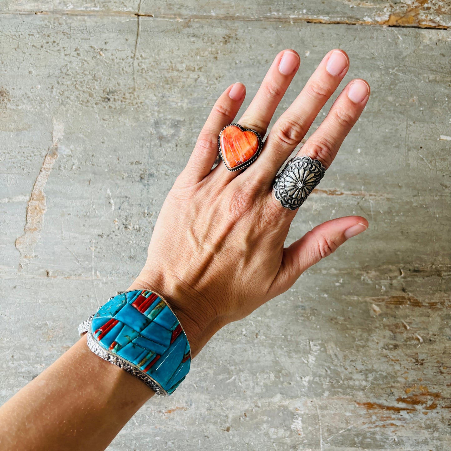 Navajo Lester James Sterling Silver - Red Coral & Kingman Turquoise Cobblestone Cuff