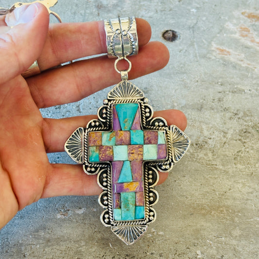 Navajo Hemerson Brown Sterling Silver - Phosphosiderite & Kingman Turquoise Cobblestone Cross