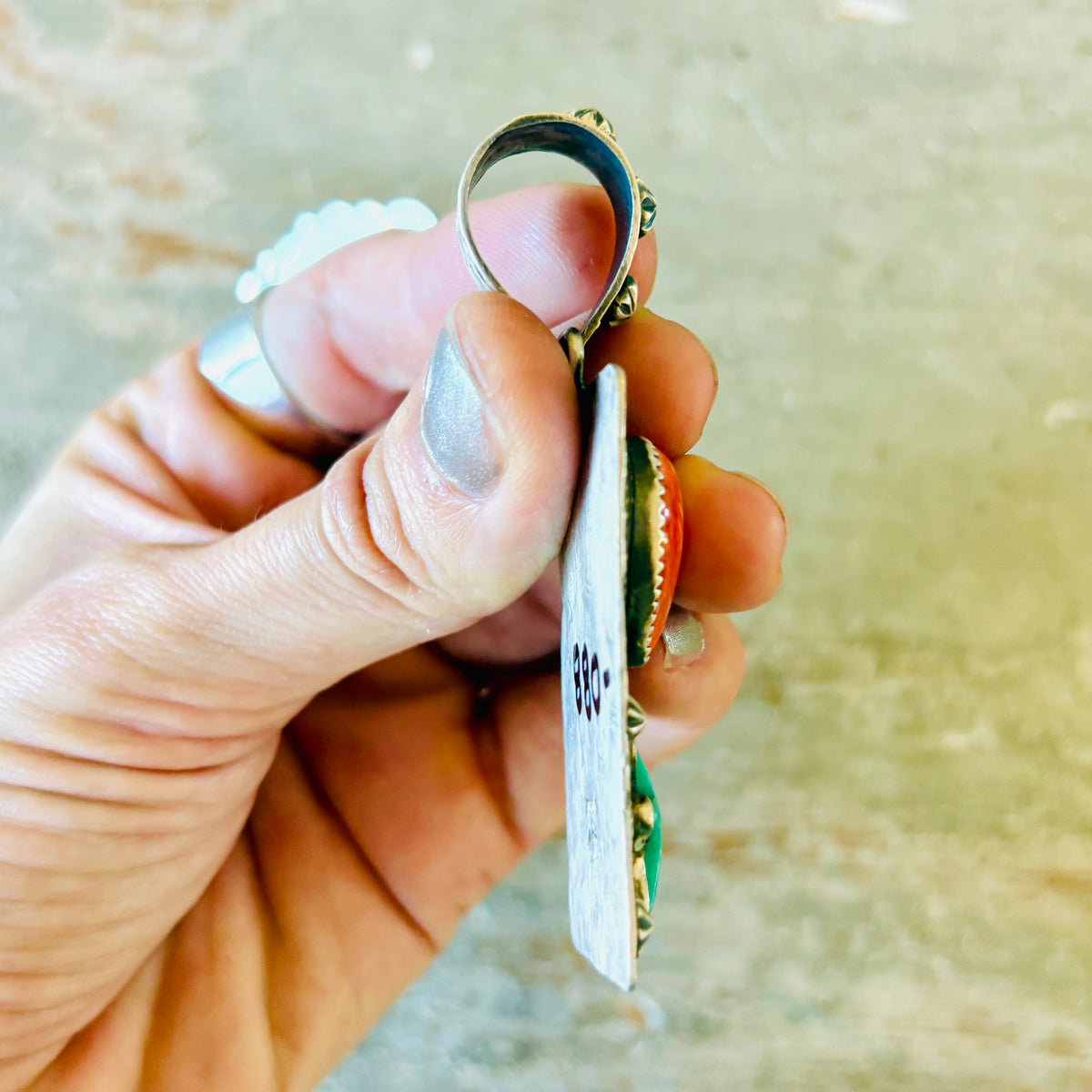 Apache Rosella Paxson Sterling Silver - Kingman Turquoise & Red Spiny Oyster Heart & Star Pendant