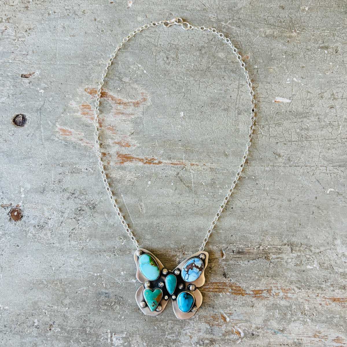 Navajo Freddy Platero Sterling Silver & Mixed Turquoise Cluster Butterfly Necklace