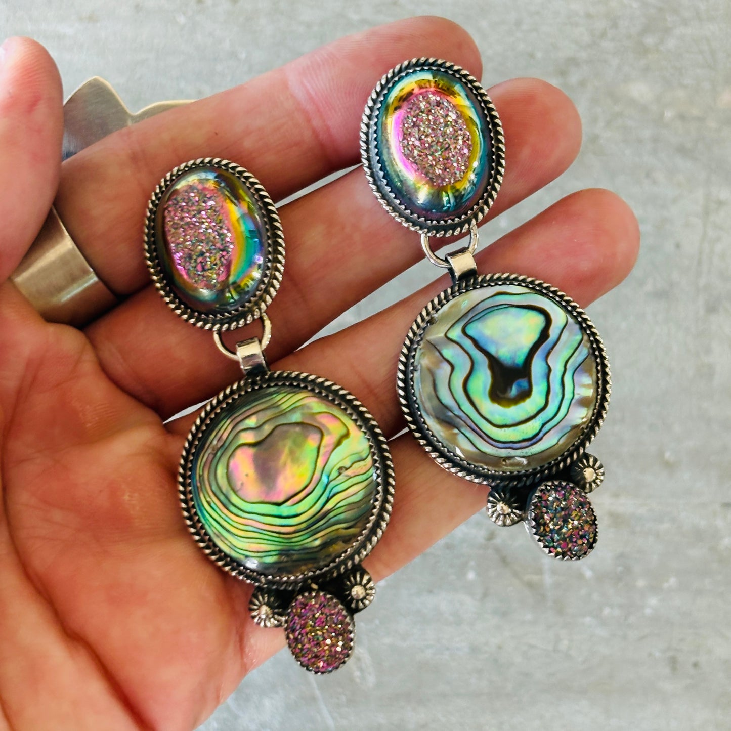 Navajo Hemerson Brown Sterling Silver - Abalone & Druzy Statement Earrings