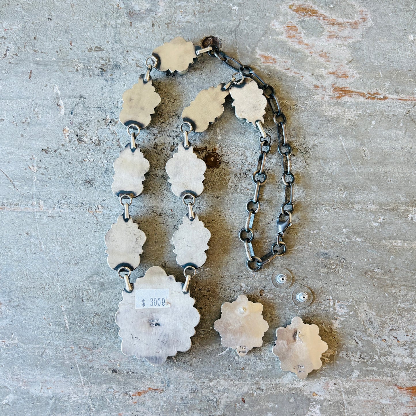 Navajo Sheila Becenti Sterling Silver & #8 Turquoise Cluster Statement Necklace Set