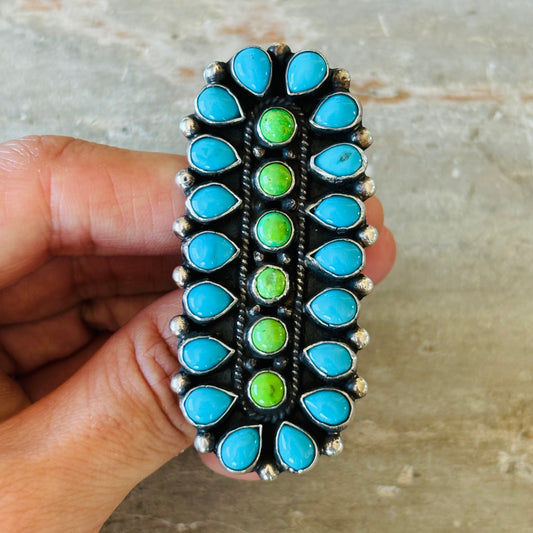 Navajo Hemerson Brown Sterling Silver - Green Mojave & Kingman Turquoise Cluster Ring