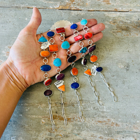 Navajo Mildred Parkhurst Sterling Silver Multi Stone Paper Clip Chain Bracelets