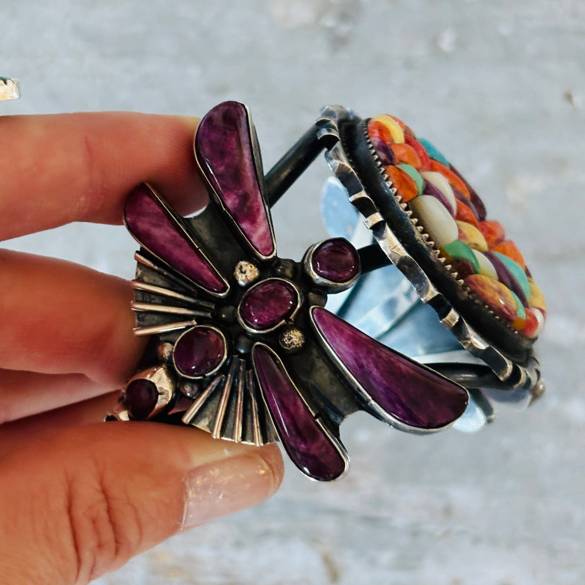 Navajo Marcus Chavez Sterling Silver Multi Stone Dragonfly Cobblestone Cuff