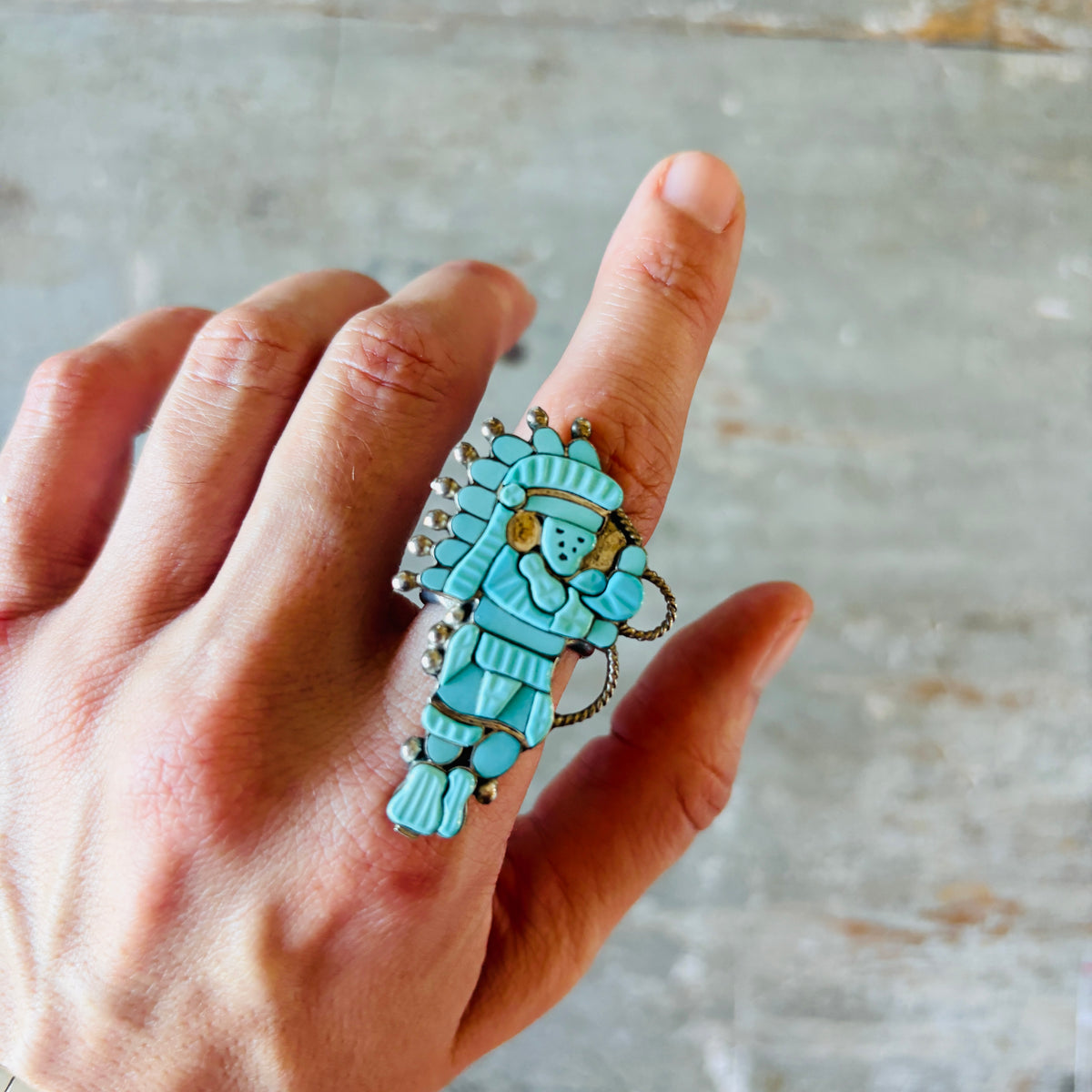 Vintage Zuni Larry Laate Sterling Silver & Turquoise Kachina Ring