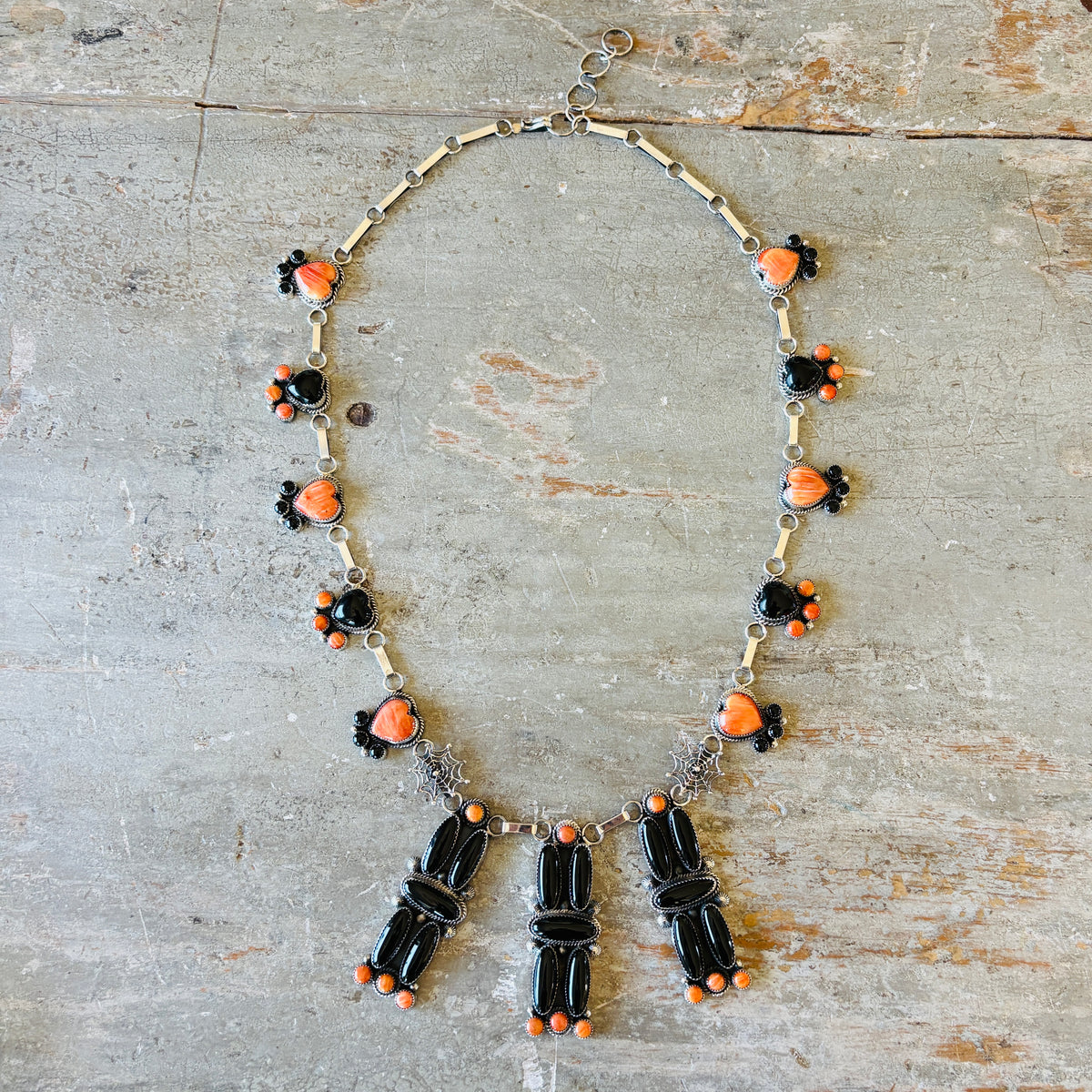 Navajo Hemerson Brown Sterling Silver - Black Onyx & Orange Spiny Oyster Spiderweb Statement Necklace