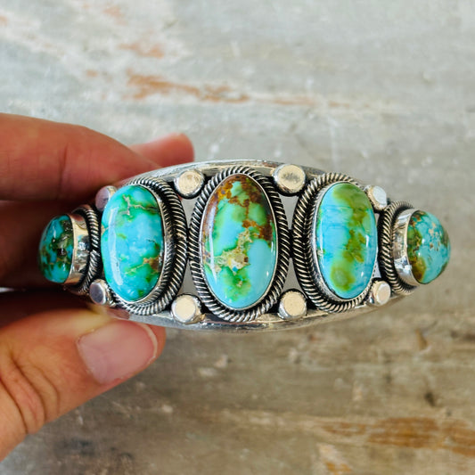 Navajo Hemerson Brown Sterling Silver & Sonoran Turquoise Statement Cuff