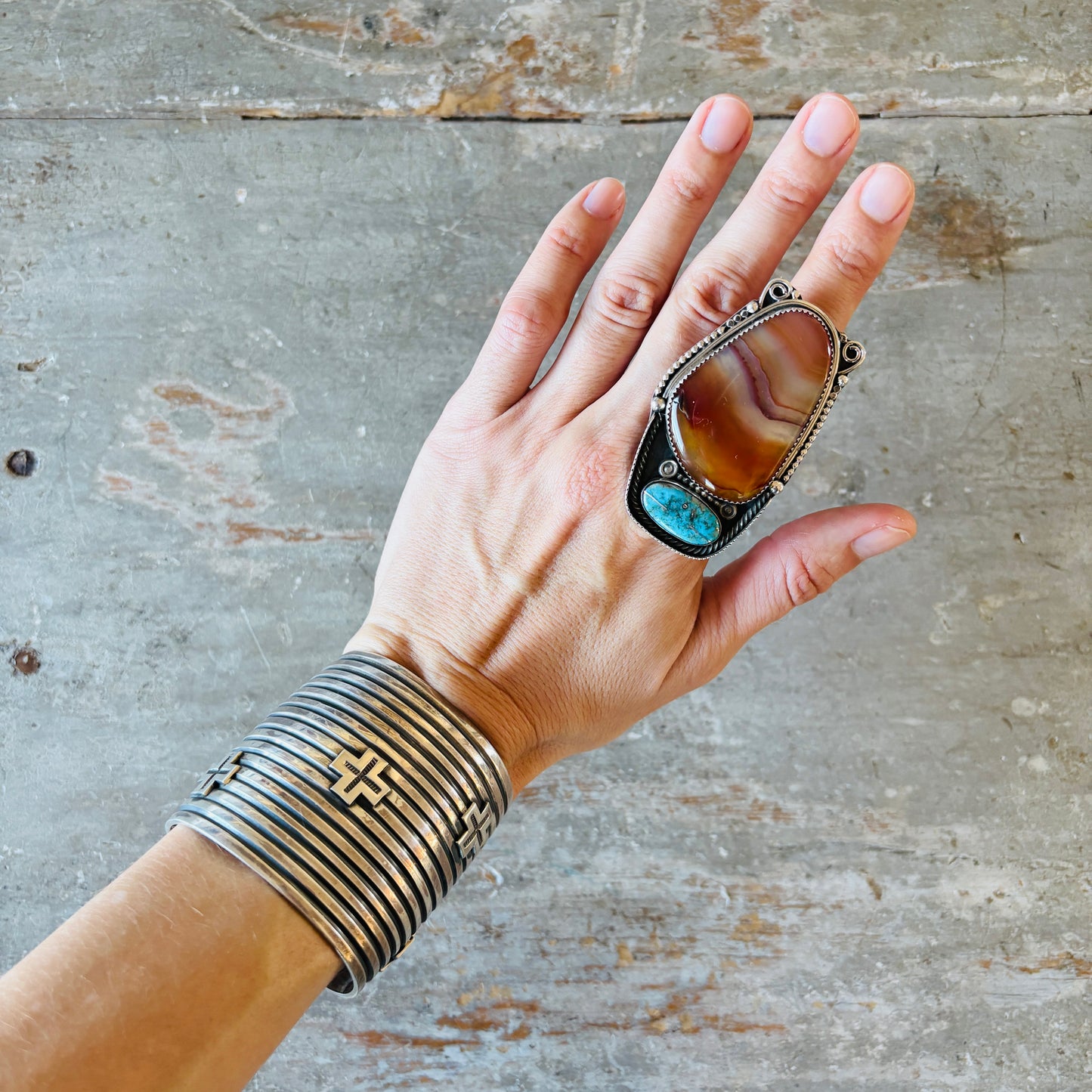 Navajo Bryan Tom Sterling Silver - Celestial Agate & Turquoise Mountain Statement Ring