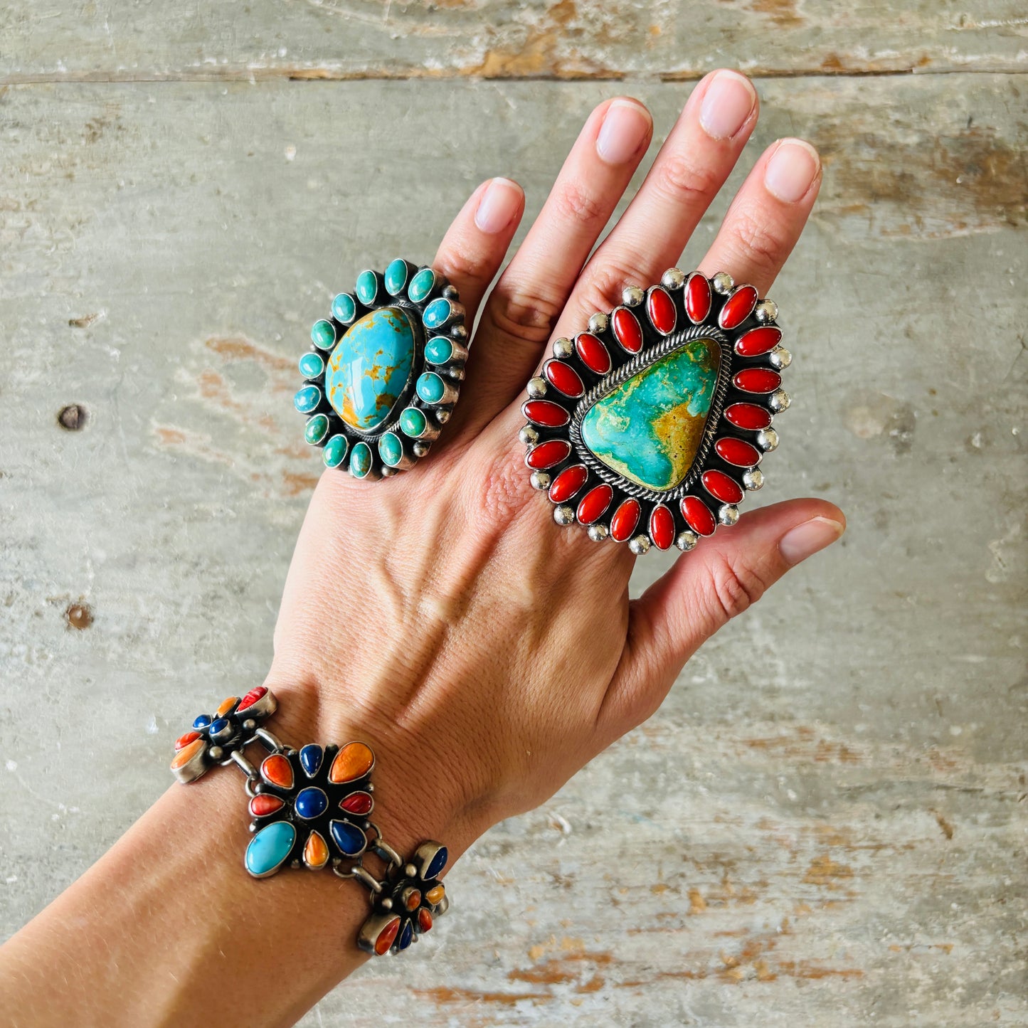 Navajo Betty Tom Sterling Silver Multi Stone Cluster Bracelet