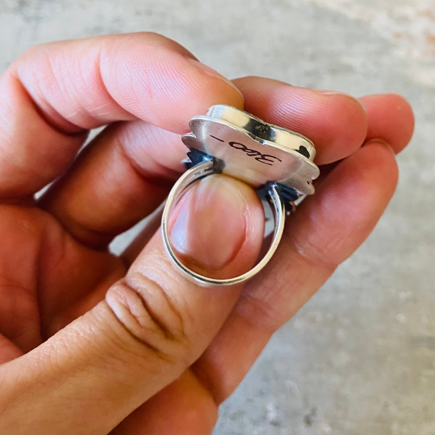 Navajo Signed Sterling Silver & Lab Opal Hearts Ring